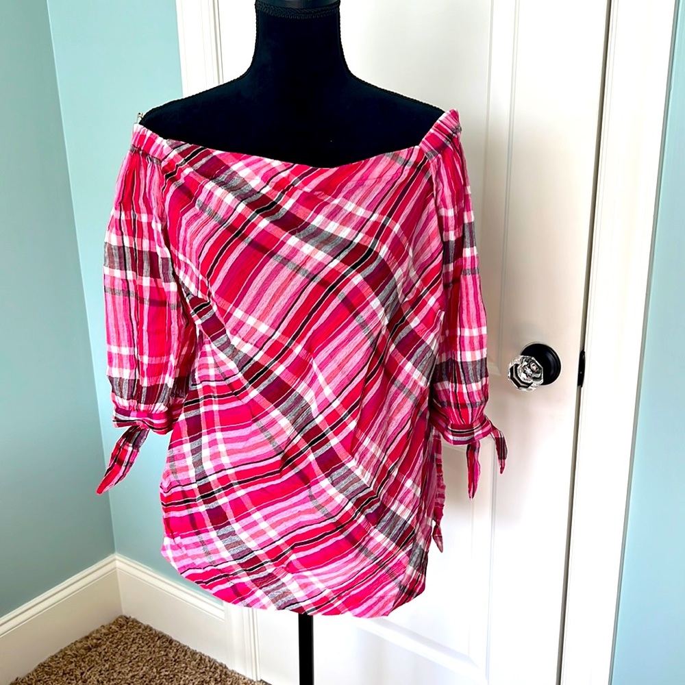 LAUREN Ralph Lauren pink plaid off shoulder blouse